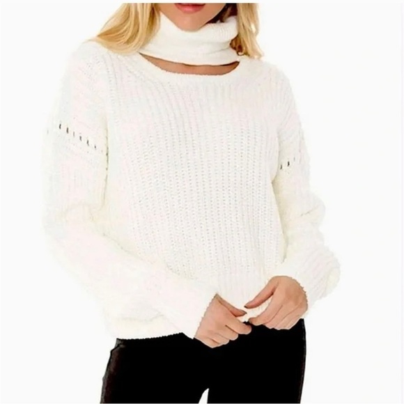 BISHOP & YOUNG winter white ribbed open chest cable knit boho turtleneck sweater - Picture 1 of 9